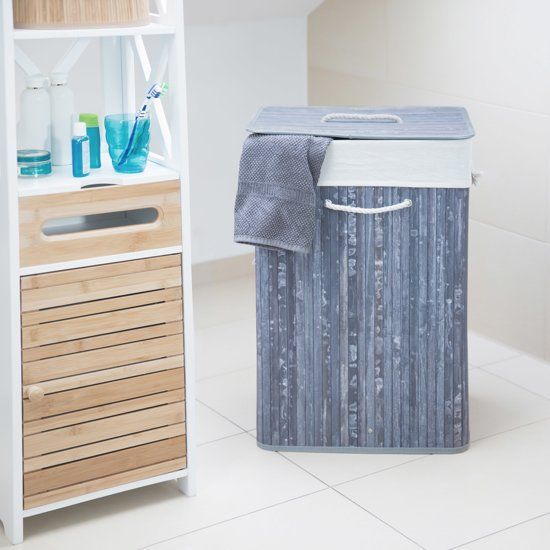 Relaxdays wasmand bamboe - rechthoekig - opvouwbaar - 65 cm hoog - grijs