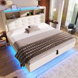 STILVORA Gestoffeerd bed 140x200 cm – Eenpersoonsbed met hydraulische opbergruimte – Meerkleurige LED-lichtstrook – Linnen – Beige – Zonder matras