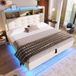 STILVORA Gestoffeerd bed 140x200 cm – Eenpersoonsbed met hydraulische opbergruimte – Meerkleurige LED-lichtstrook – Linnen – Beige – Zonder matras