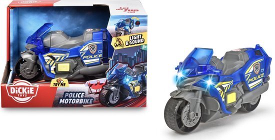 simba Dickie Toys – Polizei Motorrad – Spielzeug Motorrad für Kinder ab 3 Jahren, mit Licht- und Soundeffekte, Freilauf, ausklappbares Warnschild, 15 cm lang