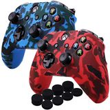 YoRHa Water Transfer Printing Camouflage Siliconen Cover Skin Case voor Microsoft Xbox One X & Xbox One S controllerx 2 (rood en blauw) Met PRO duimgrepen x 8