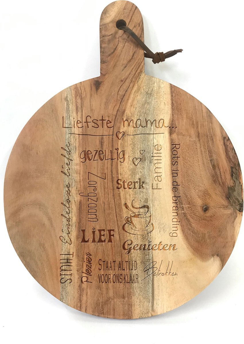 SandD-art Ronde snijplank/hapjesplank met tekst gravure LIEFSTE MAMA. Een origineel cadeau voor je moeder, bijvoorbeeld voor moederdag. Het formaat is 40x30cm incl. handvat en 30cm doorsnede excl. handvat