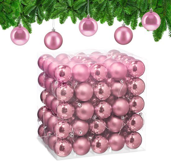 Relaxdays Kerstballen set van 100 - Ø 6 cm - glanzend - mat - kunststof - roze