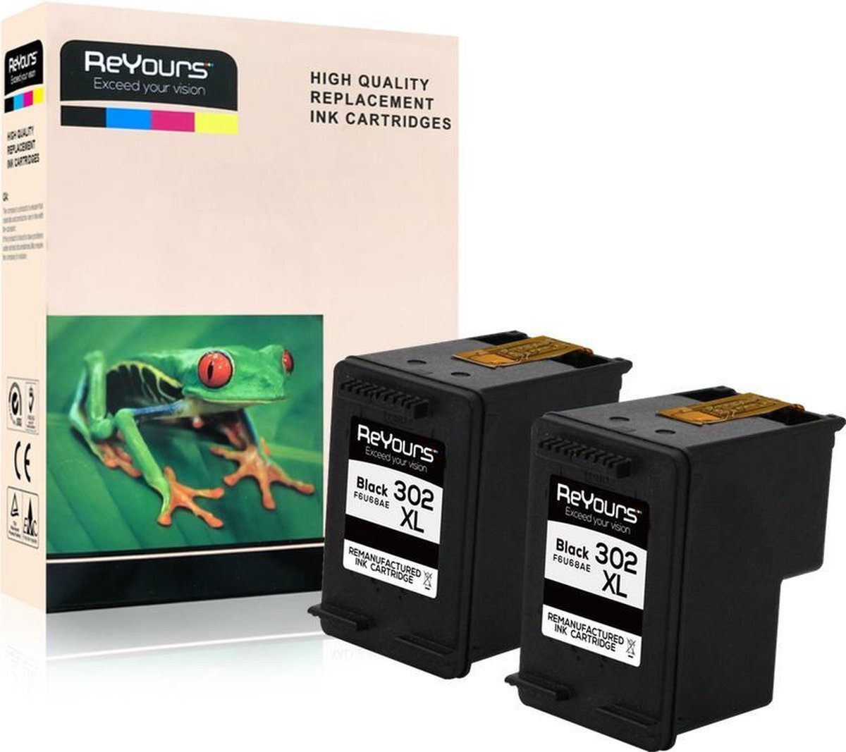 Reyours ReYours® HP302XL Remanufactured Inktcartridge 302XL Zwart (20ml) 2pack- met chip - inktniveau weergeven