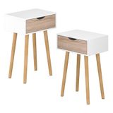 [en.casa] Östersund Set van 2 bijzettafels, 60 x 40 x 30 cm, nachtkastje met lade, salontafel, wit/eiken