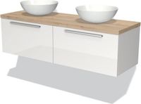 Maxaro Badkamermeubel voor Waskom 140cm Modulo Plato Hoogglans Wit 2 Lades Vlak Lichtbruin Eiken Blad