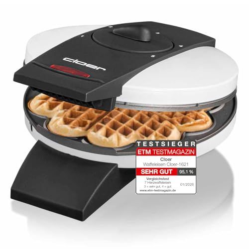 Cloer 1621 wafelijzer voor klassieke hartwafels, 930 W, wafelformaat 15,5 cm, traploos instelbare bruiningsgraad, wit, metaal