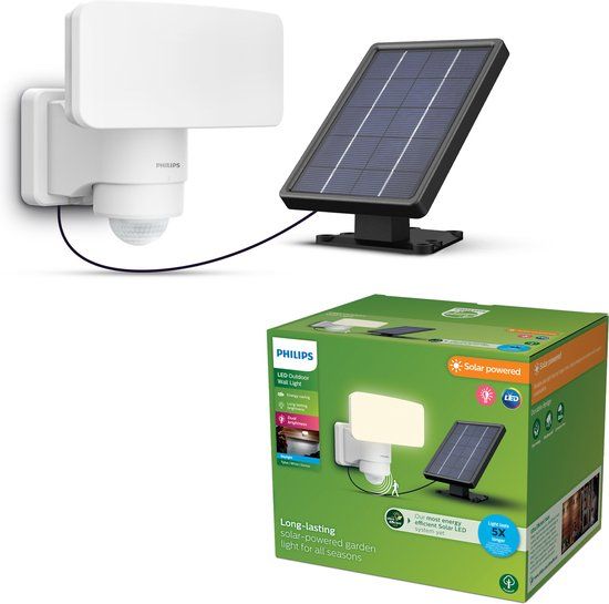 Philips LED Philips Tylus beveiligingslamp - UltraEfficient LED - Solar buitenlamp - Koel wit licht; 5000K - Wit - Bewegingssensor - Schemersensor - Zonne-energie
