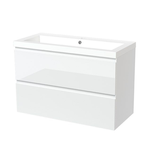 Maxaro Badkamermeubel 100cm Modulo Hoogglans Wit 2 Lades Greeploos Wastafel Mineraalmarmer
