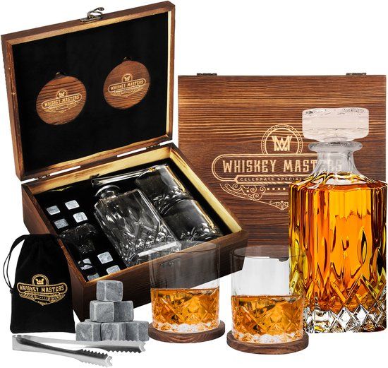 Whiskey Masters Whiskey Karaf Set - Luxe Decanteer Karaf - 700 ml - Glas & RVS - Inclusief 2 Glazen, 8 Whiskey Stones & Accessoires