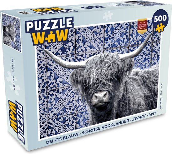 MuchoWow Puzzel Delfts blauw - Schotse hooglander - Zwart - Wit - Legpuzzel - Puzzel 500 stukjes