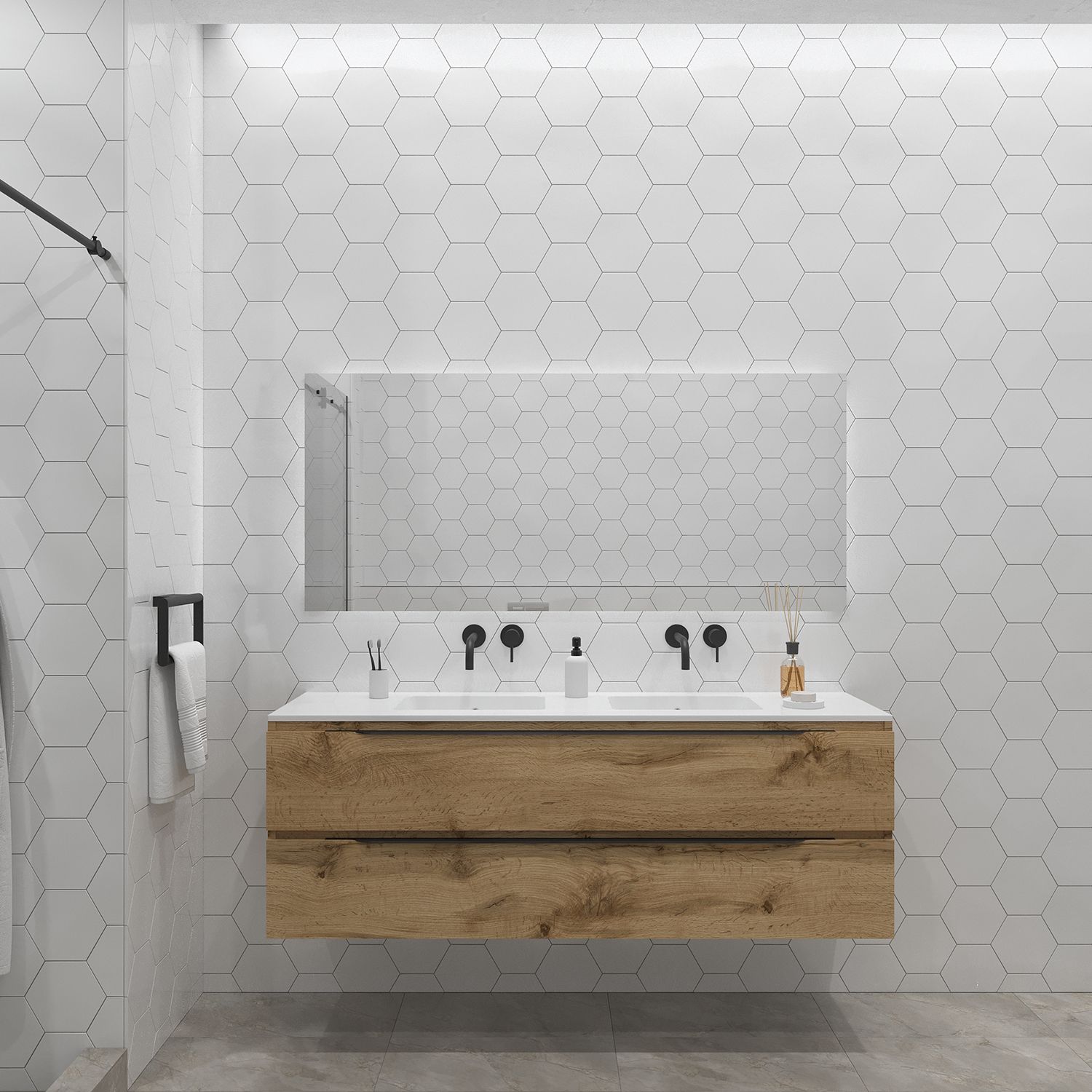 Gliss Design Hera Badkamermeubelset - Mat Zwart - 200 cm - 4 Laden - Rustiek Eiken (keuze wastafel)