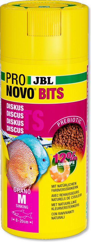 JBL PRONOVO BITS GRANO, primair voer voor discusvissen en cichliden van 8-20 cm, klikdoseerder, visvoer-granulaat, maat M, 250 ml