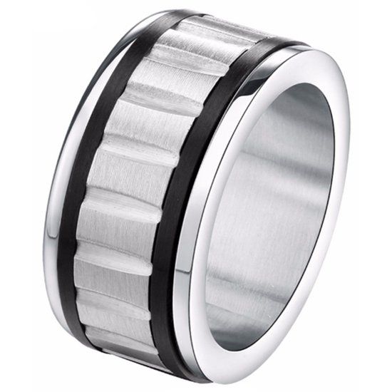 Mendes Steel Gegroefde stalen heren ring Zwart Zilver -18mm