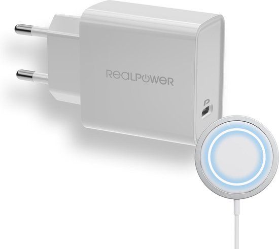 RealPower PC-MagSet - 20W USB-C snellader met magnetische oplaadkabel en draadloos oplaadpad - Wit