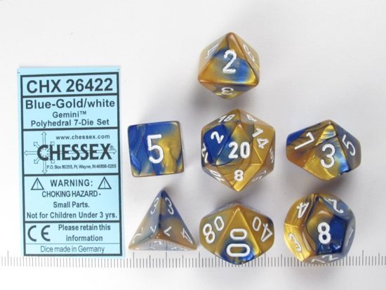 Chessex dobbelstenen set 7 polydice Gemini blue-gold w/white