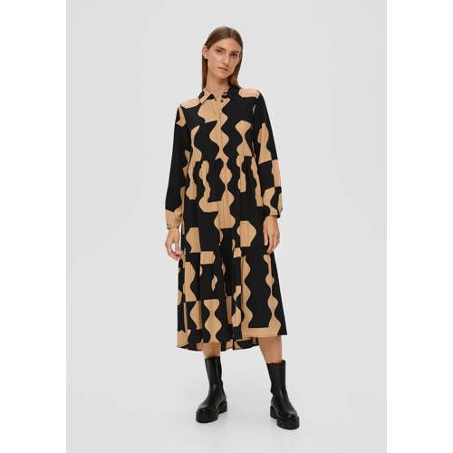 s.Oliver BLACK LABEL Blousejurk Viscose met Volant - Camel/Zwart