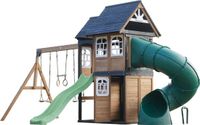 AXI Noud Speeltoestel met Speelhuis, Schommels, Trapeze, Klimwand – Met Bank – Pastel Groene Glijbaan – Met Buisglijbaan - FSC 100% hout – Speeltoestel voor de tuin / buiten