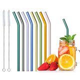 Zhenle Herbruikbare glazen rietjes, 8 kleurrijke glazen rietjes, gebogen glazen rietjes met 2 reinigingsborstels voor cocktailglazen, smoothie en sappen, rietjes en glas, vaatwasmachinebestendig