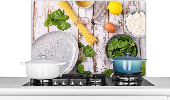 KitchenYeah Keuken Spatscherm 90x60 cm - Aluminium - Pasta, Kruiden, Ei, Citroen