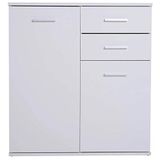 BAKAJI Madia kast met 2 laden, dubbele deur en 2 legplanken, voor binnen, multifunctionele kast, keuken, badkamer, kantoor, modern design, van MDF-hout, wit, afmetingen 71 x 35 x 76 cm