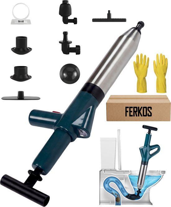 FerKos Ontstopper - WC ontstopper - Gootsteenontstopper - Toilet ontstopper - WC ontstopper met hoge druk - Inclusief Handschoenen - Inclusief Ophangring - Inclusief verschillende opzetstukken - Onstopper afvoer