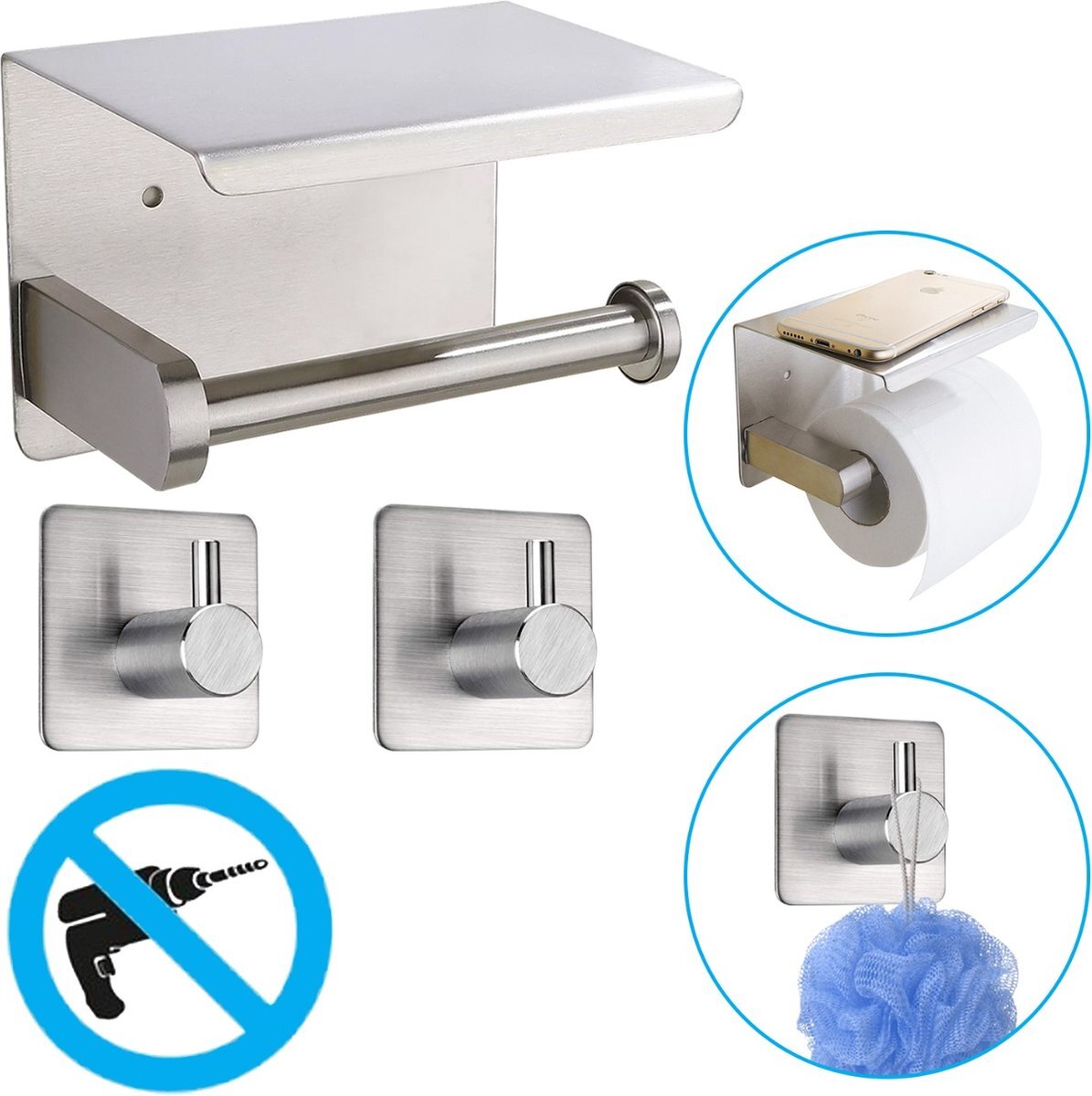 Sanics WC Rolhouder Zilver – Toiletrolhouder zonder Boren – Met Plankje - Zelfklevend - +2 Zelfklevende Handdoekhaakjes