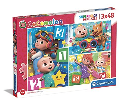 Clementoni Supercolor Cocomelon-puzzel, 3 x 48 cm (bevat 3 48 stukjes), made in Italy, kinderen 4 jaar, cocomelon, cartoon-puzzel, meerkleurig, medium, 25273