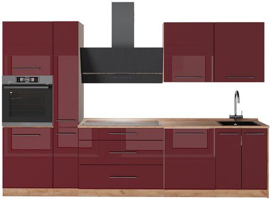 Vicco Complete keukeneenheid Fame-Line, Bordeauxrode hoogglans/Goudkleurig Eiken, 310 cm, WB Eik
