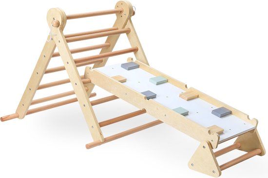 Mamabrum Houten Klimrek - Binnen Speeltuin - 2in1 Rocker, Ladder en Klimmuur, 9 Sporten, Dubbelzijdige Board, Klimladder