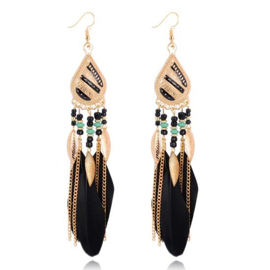 Deja Jewels Lookinggoodtoday Bohemian oorhangers met zwarte veren en kraaltjes 135 mm