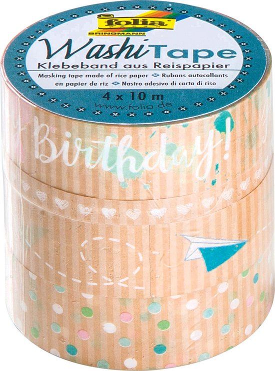 Folia Washi Tape Kraft Party I, Pak met 4 Stuks, Meerkleurig