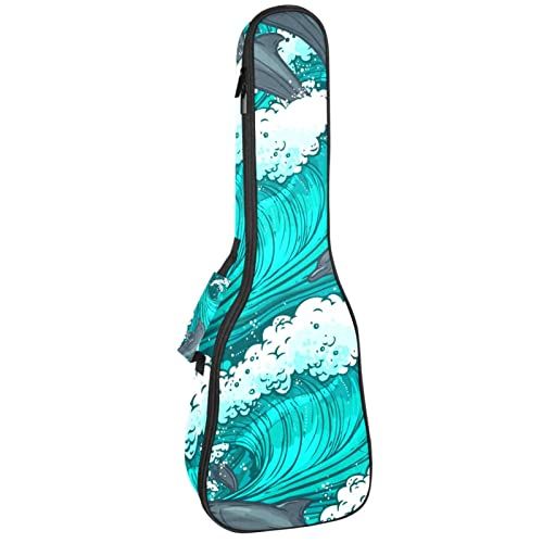 Mersov Concert Ukelele Rugzak, Heavy Duty Ukelele Case Bag met Opslag, Sopraan Concert Tenor Ukelele 10MM Gewatteerde Bag - Dolfijnen Blauw Zee Golven Patroon