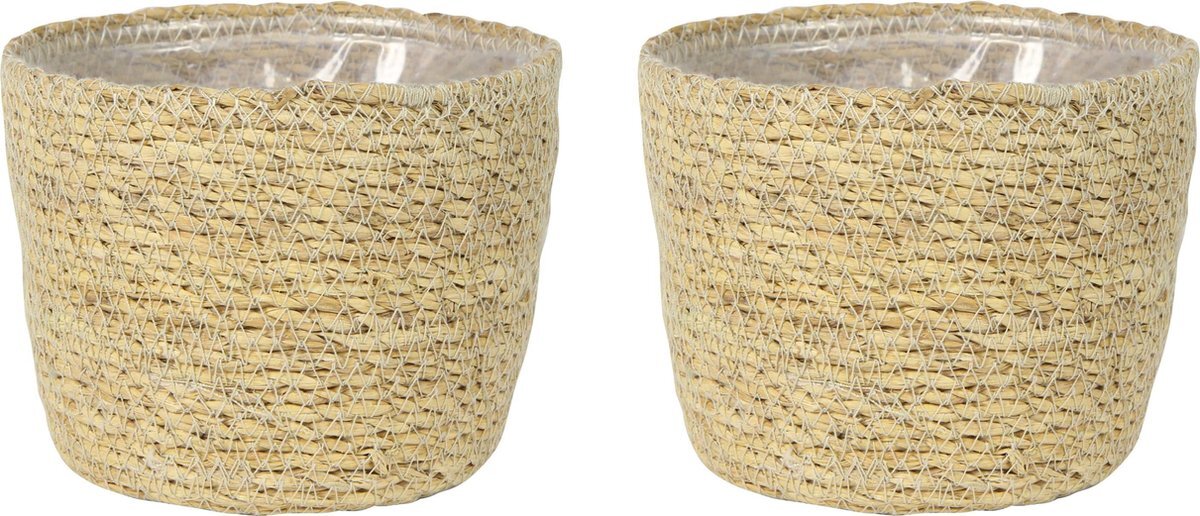 Steege Set van 3x stuks plantenpot/bloempot van jute/zeegras diameter 15 cm en hoogte 12 cm creme beige - Met binnenkant van plastic