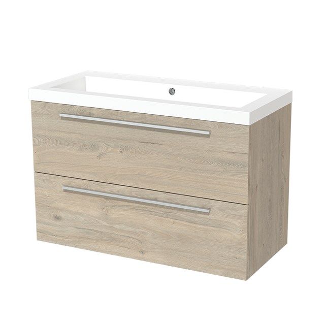 Maxaro Badkamermeubel 100cm Modulo Lichtgrijs Eiken 2 lades Vlak Wastafel Mineraalmarmer