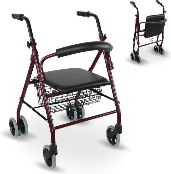 Mobiclinic Prado Rollator - 4 Wielen - Opvouwbaar - Lichtgewicht - Met Zitting en Mandje - Bordeaux