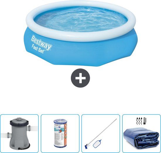 Bestway Rond Opblaasbaar Fast Set Zwembad - 305 x 76 cm - Blauw - Inclusief Pomp Filter - Schoonmaakset - Solarzeil