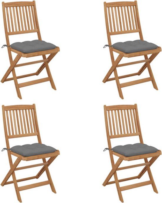 vidaXL Set van 4 klapstoelen met kussens, massief acaciahout, grijs