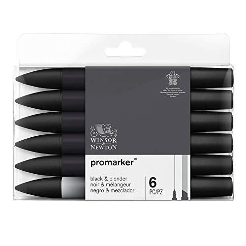 Winsor & Newton 0290116 ProMarker, professionele lay-outmarker - 2 punten, fijn en breed voor tekeningen, design en lay-outs - set van 6 5x zwart & blender