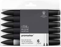 Winsor & Newton 0290116 ProMarker, professionele lay-outmarker - 2 punten, fijn en breed voor tekeningen, design en lay-outs - set van 6 5x zwart & blender