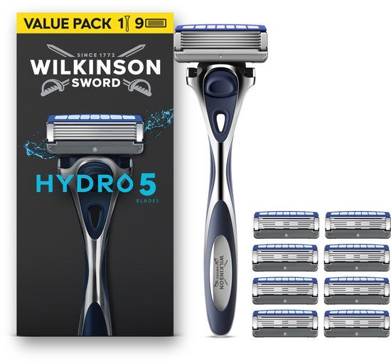 Wilkinson Sword Hydro 5 Scheersysteem voor mannen, voordeelverpakking, huidhydratatie, mesjes met carboncoating, 1 handvat + 9 navulmesjes