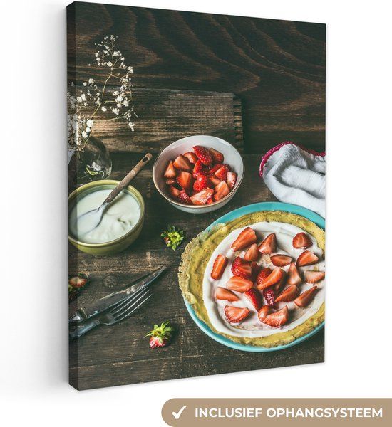 OneMillionCanvasses Canvas schilderij 120x160 cm - Aardbei - Rustiek - Fruit - Muurdecoratie