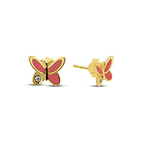 Silventi Gouden Oorknopjes Vlinder - 6,3x7,5mm - Emaille - Roze - Zirkonia - 14 Karaat - goud