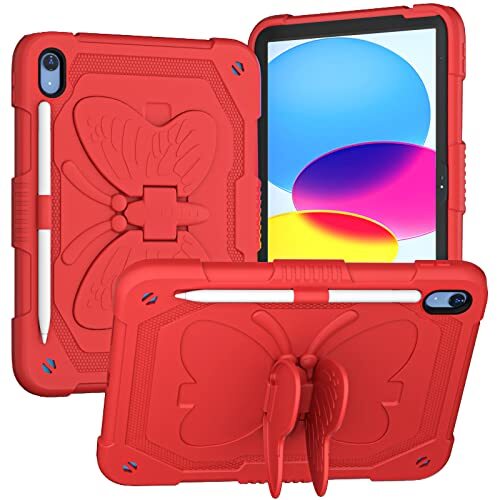 Spzhike Beschermhoes voor iPad 10e generatie 10,9 inch 2022 met penhouder, robuust, schokbestendig, met schouderriem en vlinderhouder voor iPad 10,9 inch, rood