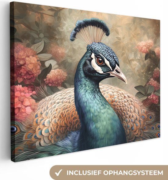 OneMillionCanvasses Canvas Schilderij Pauw - 160x120cm - Wanddecoratie