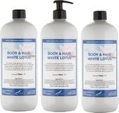 Claudius Cosmetics B.V. Body & Hair White Lotus 1 liter - set van 3 stuks - met gratis pomp - 2 in 1 voor lichaam en haar.