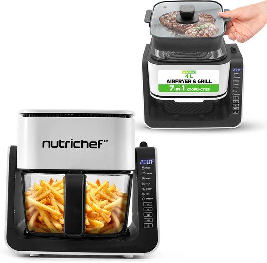 NutriChef 3,8 Liter Airfryer & Grill - 7-in-1 Voorgeprogrammeerde Kookstanden - Transparante Glazen Frituurkom - Wit