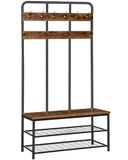 HOOBRO Grote kapstokstandaard, halboom met 12 haken en schoenenbank, kledingrek met metalen frame voor woonkamer, entree, hal, hoogte 182 cm, industriële stijl, rustiek bruin EBF05MT01