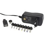 APM 425017 Universele voeding, meervoudige stekker 3-12 V, 2 A, universele adapter, levering met 9 verwisselbare opzetstukken en 1 schroefsleutel voor spanningsregeling, 1 m kabel, zwart