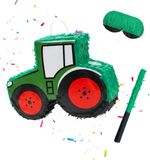 Relaxdays Pinata-set, 3-delig, tractor, om op te hangen, meisjes en jongens, staaf en masker, voertuigpinata, donkergroen/rood